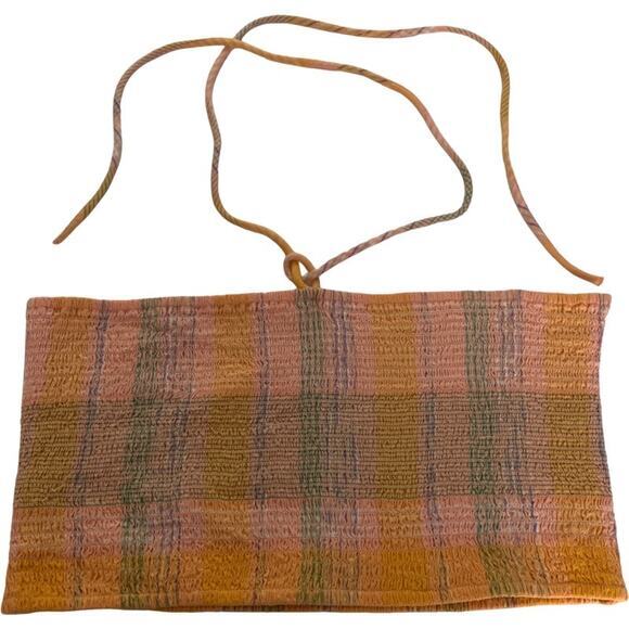 UNIVERSAL THREAD Orange Plaid Smocked Tie Around‎ Neck Crop Tube Top - NWT - Picture 1 of 10